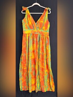 Ellen Weaver 1x Vibrant Orange Tie-Strap Maxi Dress V-Neck Zip up Cruise wear
